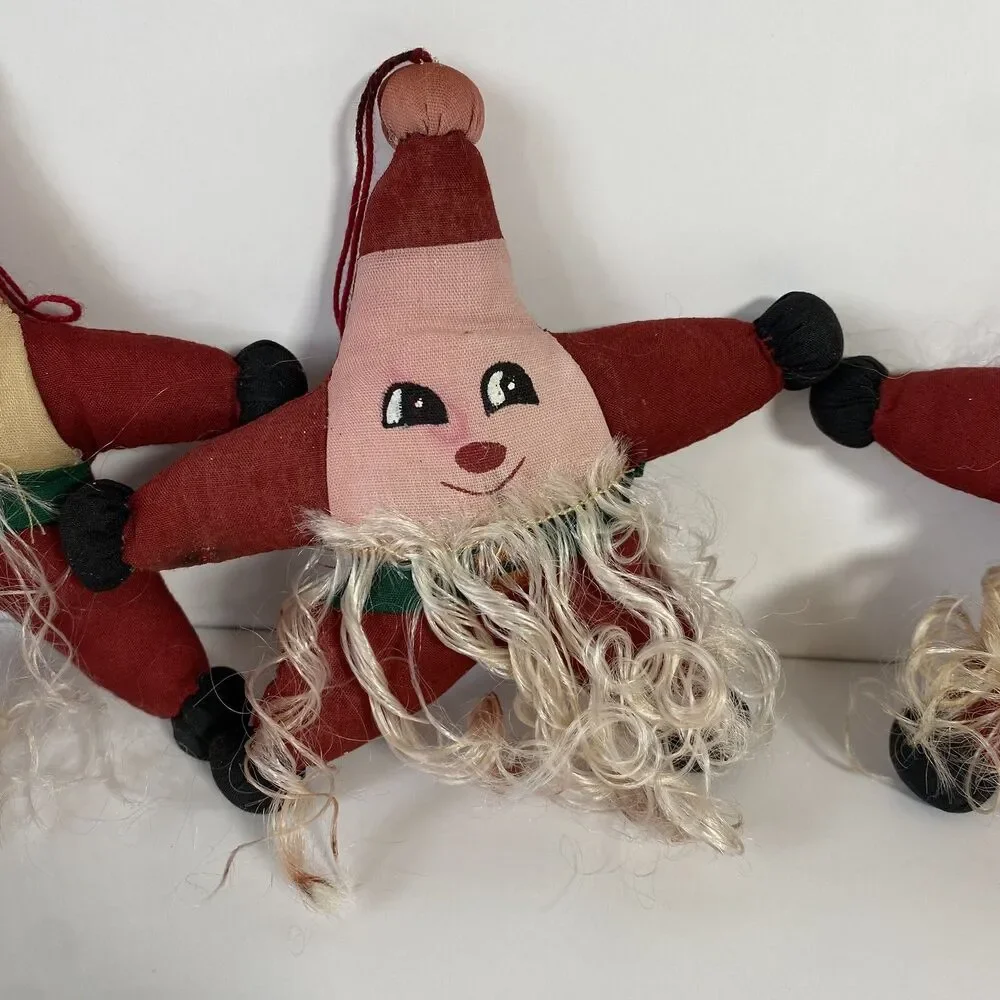 Vintage Christmas Ornaments Fabric Folk art Stuffed Bearded Star Santa Hand Made
